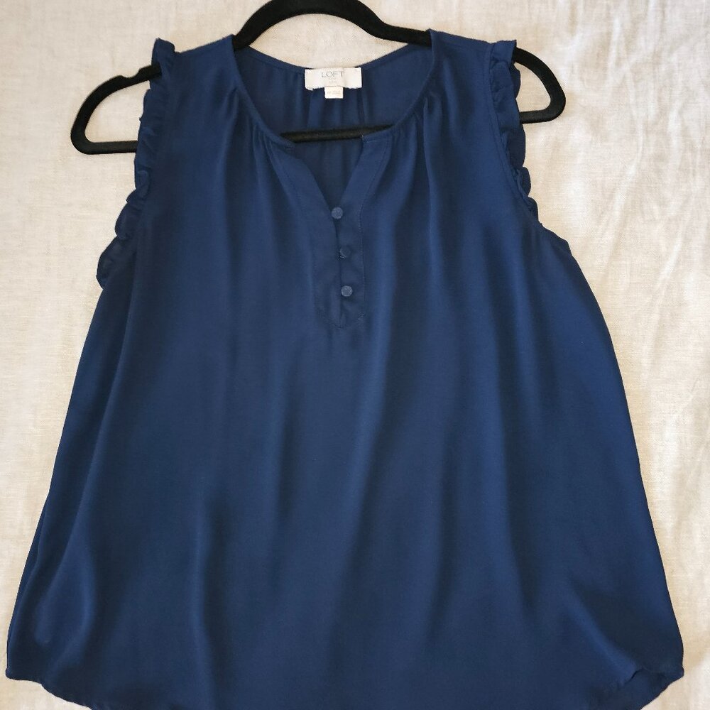 LOFT Petite Medium Navy Ruffle Sleeve Blouse | Button Front Sleeveless Top